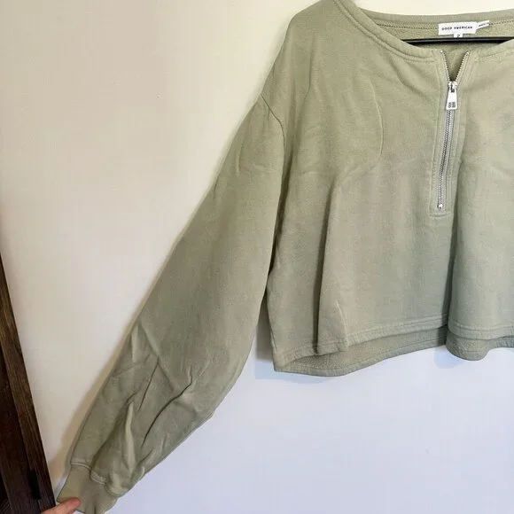 NWT Good American Essentials Green Collarless Half Zip Sweatshirt - Size 2 (M)